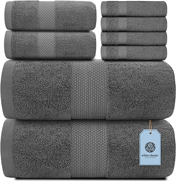 White Classic 8Pc set Gray towels