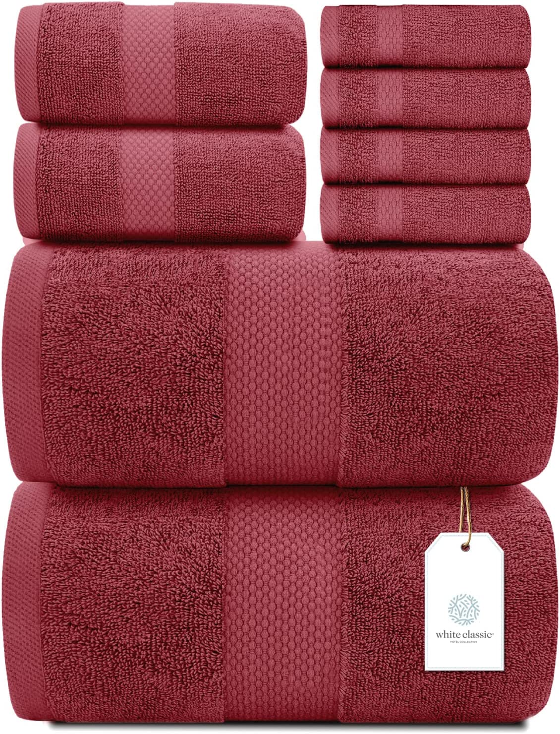 White Classic 8Pc Burgundy Towel Set