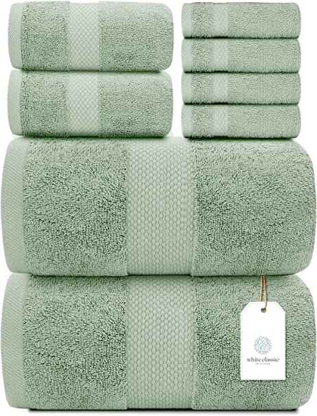 White Classic 8Pc Green Towel Set