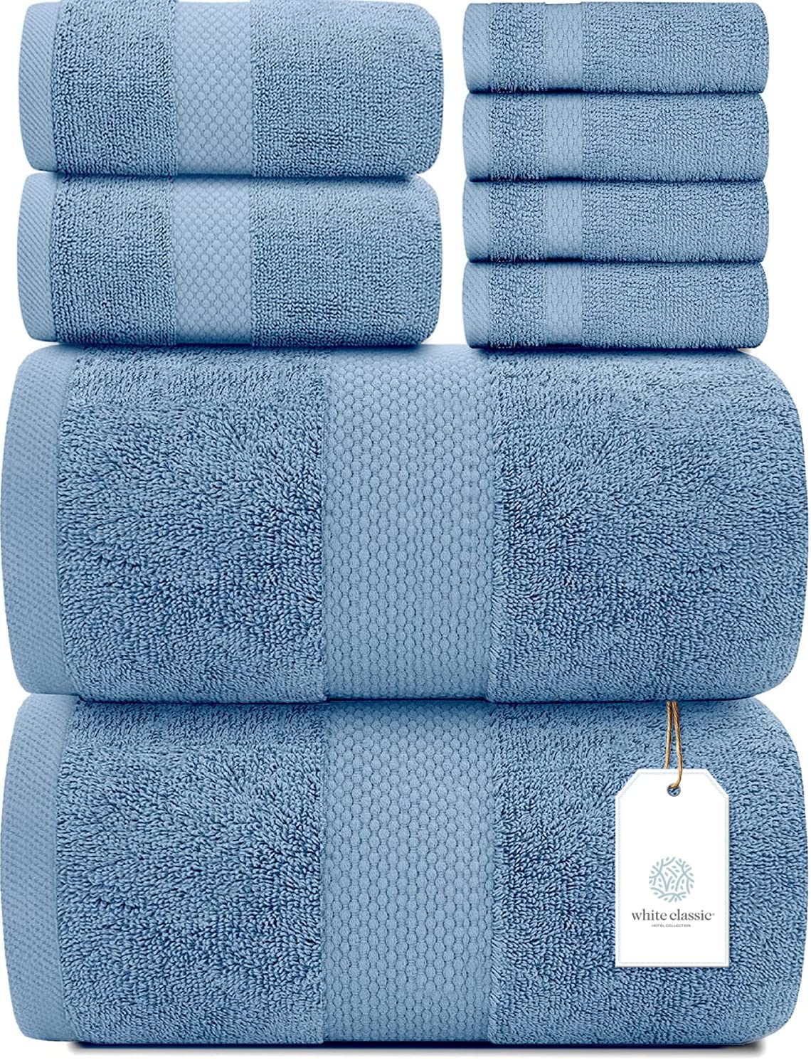 White Classic 8Pc Light Blue Towel Set