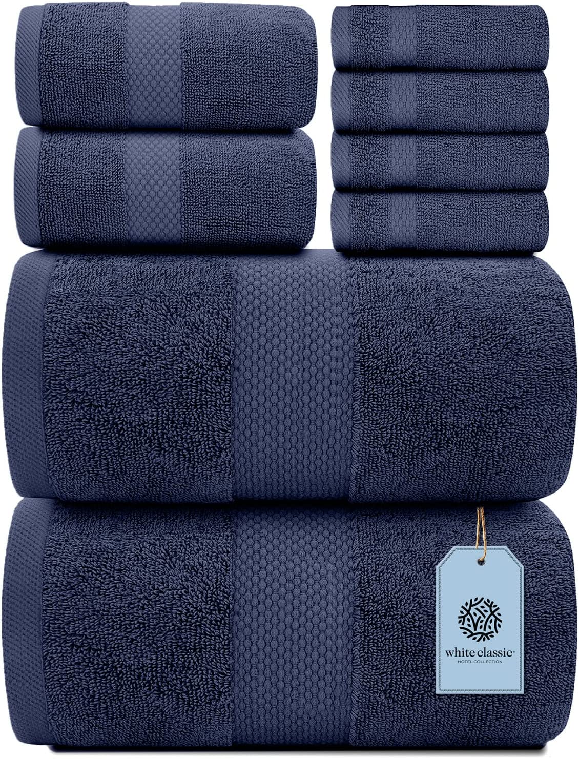 White Classic 8Pc Navy Blue Towel Set