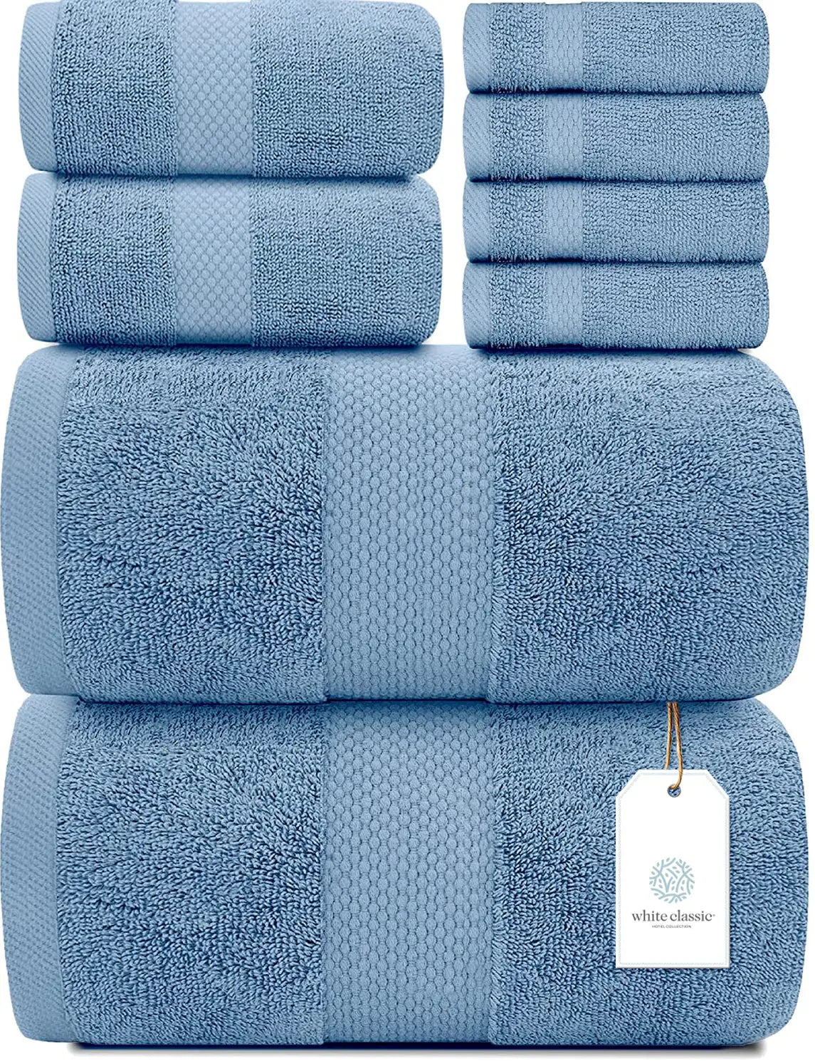 White Classic 8Pc Blue Towel Set